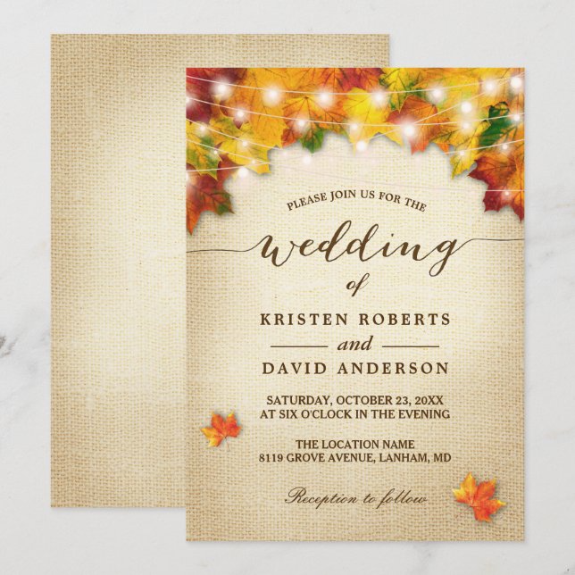 Invitación Otoño Saltos Burlap Twinkle Luces Caída Boda (Anverso / Reverso)