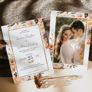 Invitación Otoño Terracotta Floral Gold Frame Boda