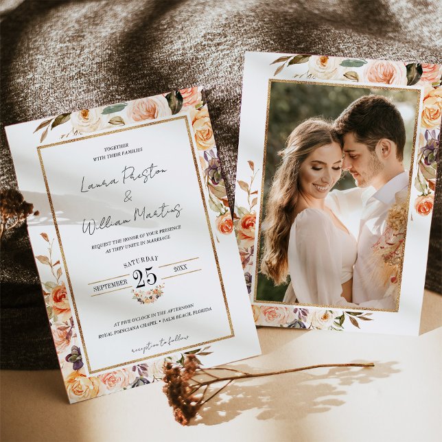 Invitación Otoño Terracotta Floral Gold Frame Boda (Subido por el creador)