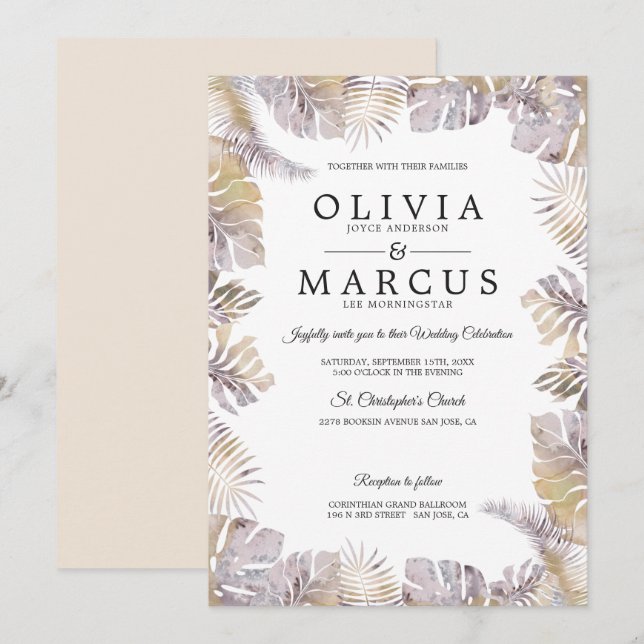 Invitación Otoño Tropic Sale Boda de acuarela Mauve Gold (Anverso / Reverso)