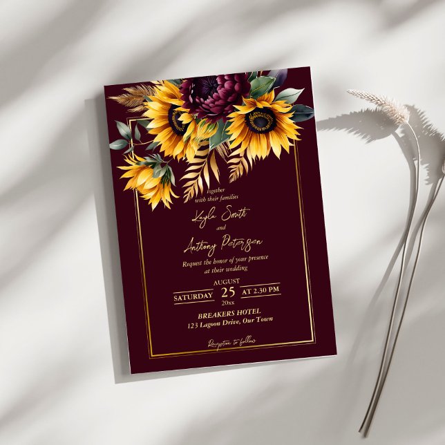 Invitación Otoño verano boda burgundy girasoles (Fall summer rustic burgundy sunflowers wedding invitation editable template instant download)