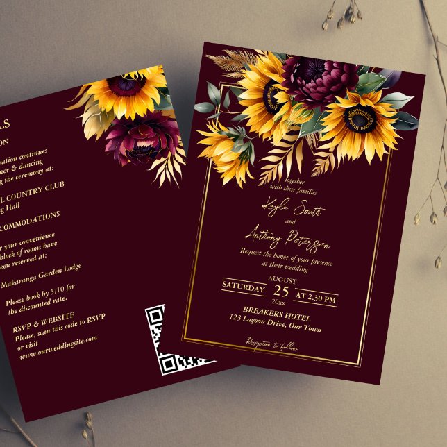 Invitación Otoño verano boda burgundy girasoles todos en uno (Fall summer wedding burgundy yellow sunflowers all in template invitation digital download QR RSVP)