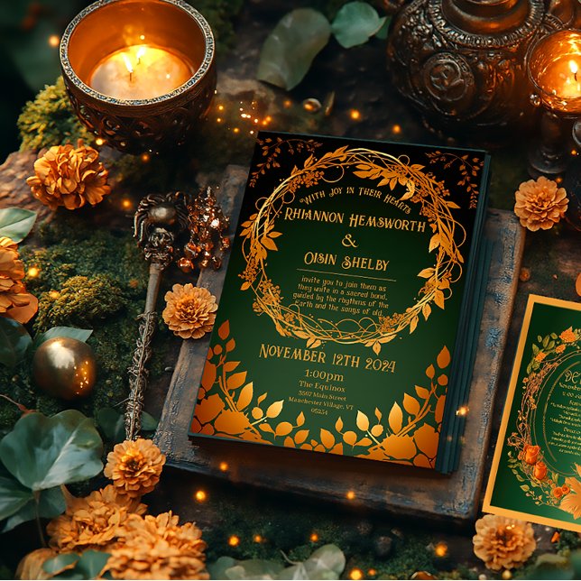Invitación Otoño verde encantado y Naranja Druid-Hill (Druid Hill Autumn Wreath Green and Orange Wedding Invitation )