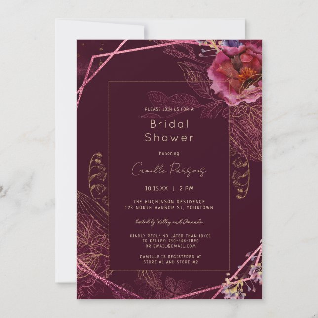Invitación Otoño Vino Oscuro Floral Tracería Bridal Shower (Anverso)