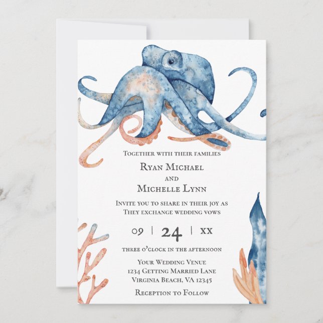 Invitación Otopus De Acuarela En Una Boda De Playa (Anverso)