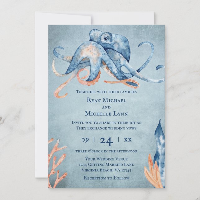 Invitación Otopus De Acuarela En Una Boda De Playa (Anverso)