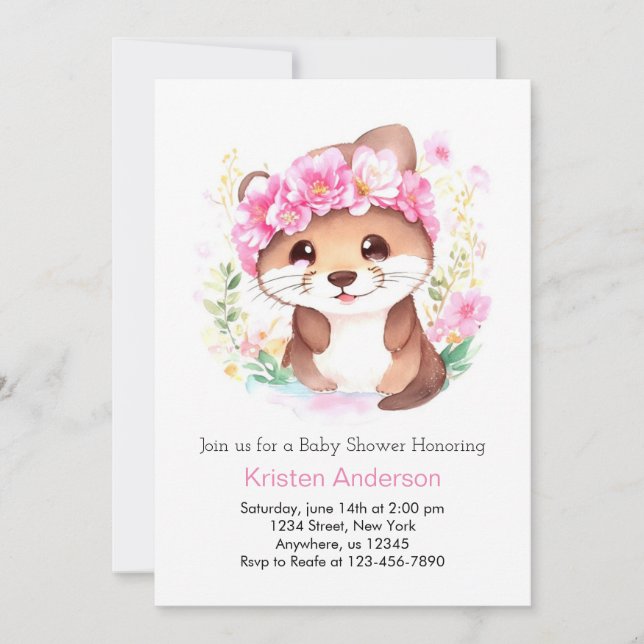 Invitación Otter Adventure Pink Wildflower Chica Baby Shower (Anverso)