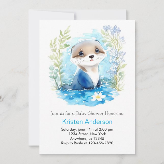 Invitación Otter Watercolor Wonderland Boy Baby Shower (Anverso)