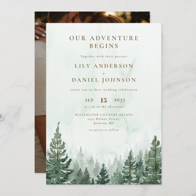 Invitación Our Adventure Rustic Pine Forest Photo Wedding (Anverso / Reverso)