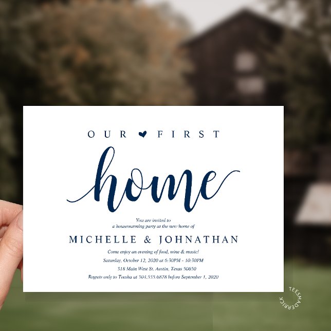 Invitación Our First Home Housewarming party (Our First Home Housewarming party Invitation Card in Navy Blue)