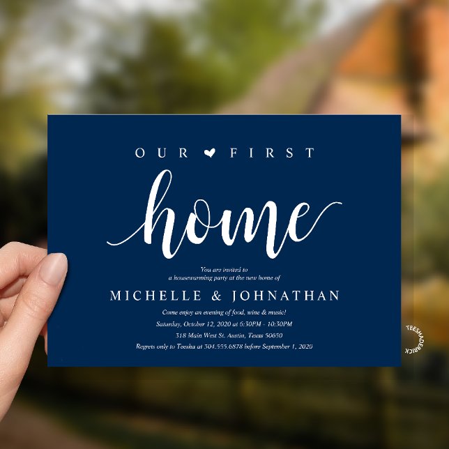 Invitación Our First Home Modern Rustic Housewarming party (Our First Home Housewarming party Invitation Card in Navy Blue)