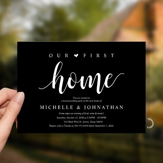 Invitación Our First Home Modern Rustic Housewarming party (Our First Home Housewarming party Invitation Card in White Black)