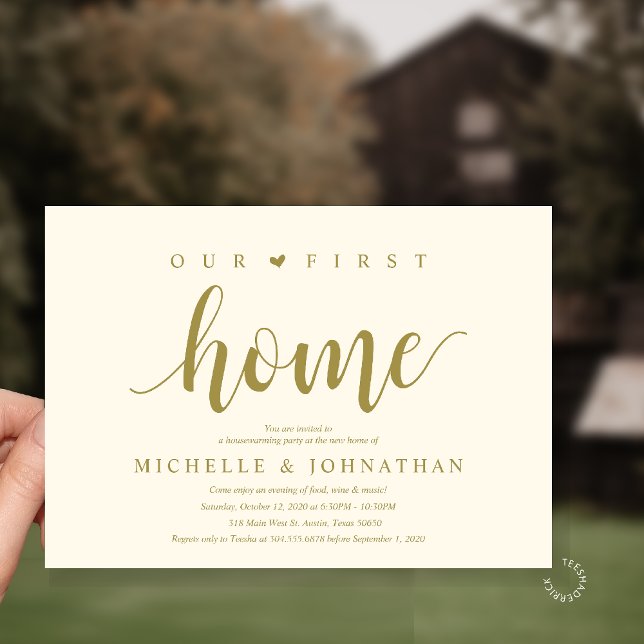 Invitación Our First Home Modern Rustic Housewarming party (Our First Home Housewarming party Invitation Card in Yellow Gold)