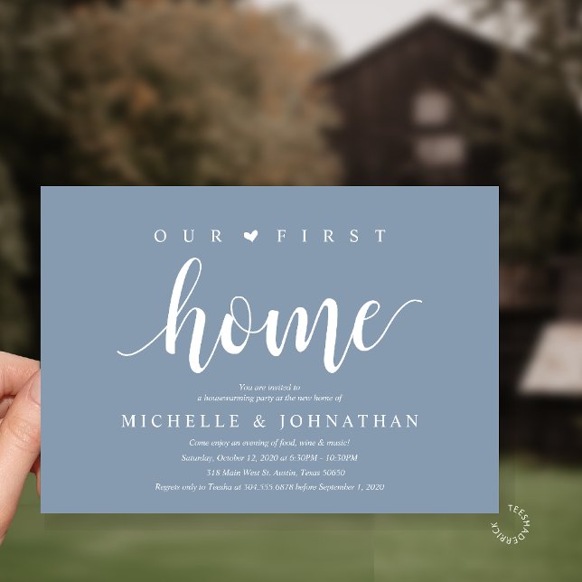 Invitación Our First Home Modern Rustic Housewarming party (Our First Home Housewarming party Invitation Card in Dusty Blue)