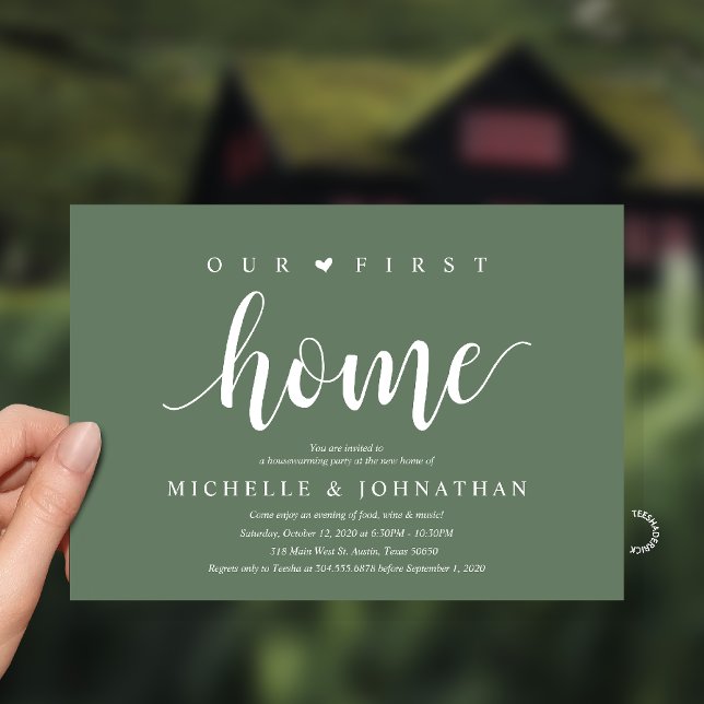 Invitación Our First Home Modern Rustic Housewarming party (Our First Home Housewarming party Invitation Card in Sage Green)