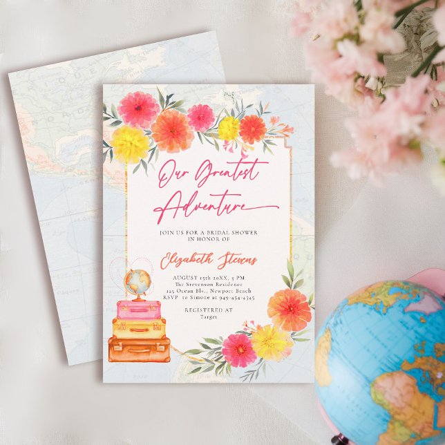 Invitación Our Greatest Adventure Floral Travel Theme Bridal (travel bridal shower invitation floral watercolor world map suitcase tropical hot pink zinnia)