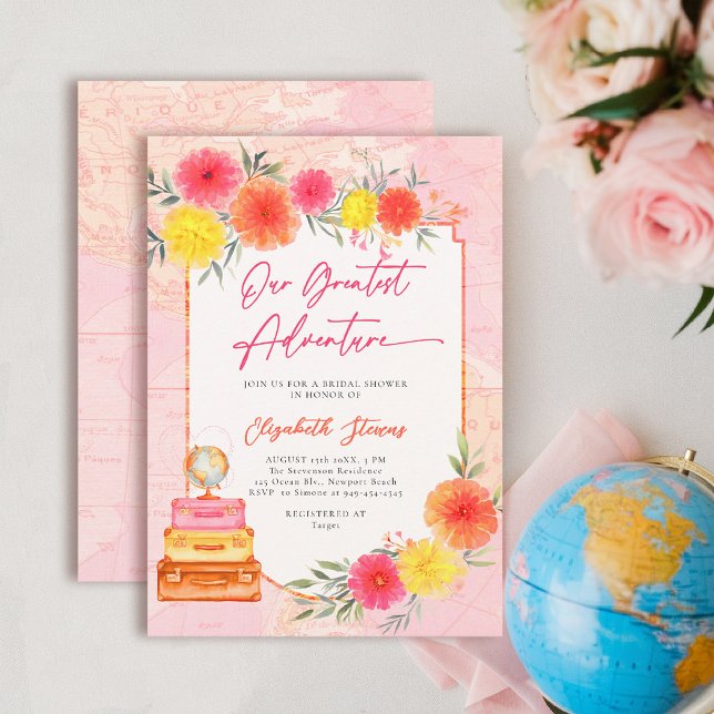 Invitación Our Greatest Adventure Floral Travel Zinnia Bridal (travel bridal shower invitation floral watercolor world map suitcase tropical hot pink orange yellow)