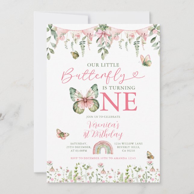 Invitación Our Little Butterfly is turning 1 Birthday Floral (Anverso)