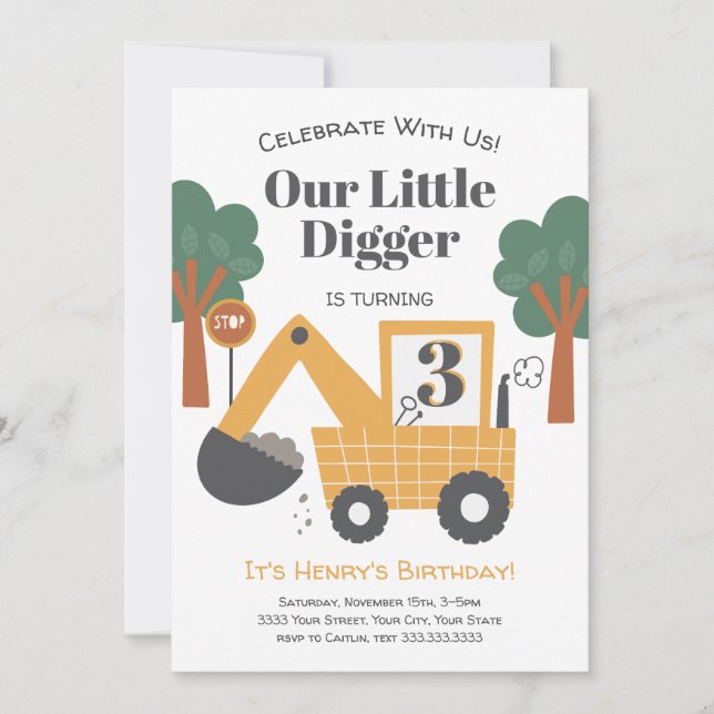 Invitación Our Little Digger Is Turning Three Birthday Party (Anverso)