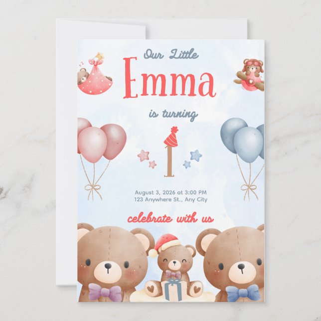 Invitación Our Little Emma Birthday Invitation – Pastel Teddy (Anverso)