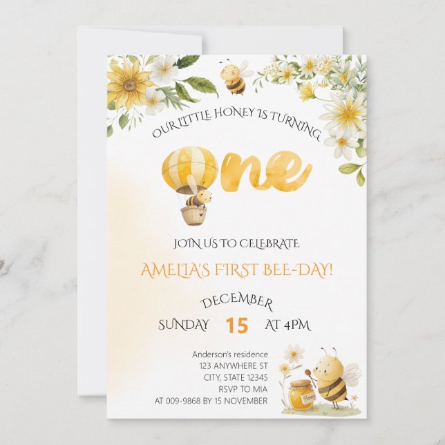 Invitación Our Little Honey Bee 1st Bee-Day Floral Birthday (Anverso)