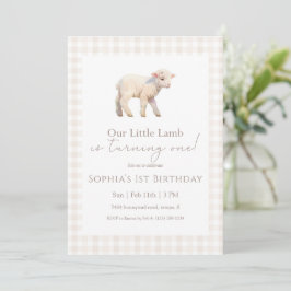 Invitación Our Little Lamb Birthday Neutral Gingham