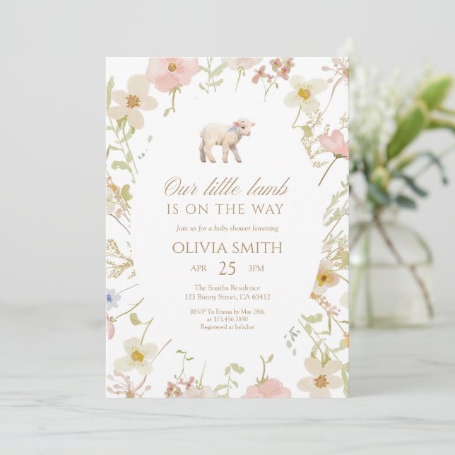 Invitación Our Little Lamb Wildflower Baby Shower (Anverso de pie)
