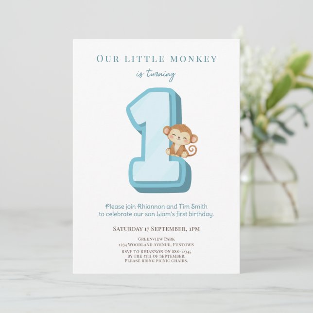 Invitación Our Little Monkey Blue 1st Birthday invitation (Anverso de pie)