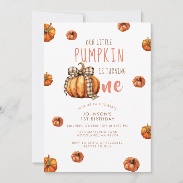 Invitación Our Little Pumpkin First Birthday Bow Pumpkin  (Anverso)