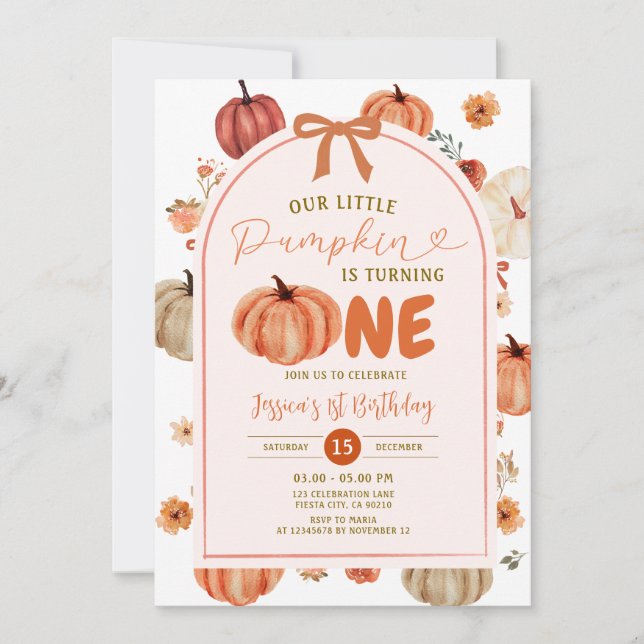 Invitación Our Little Pumpkin is turning one birthday party (Anverso)