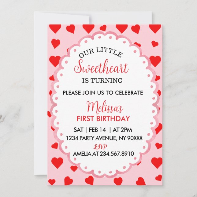 Invitación Our Little Sweetheart First Birthday Invitation. (Anverso)