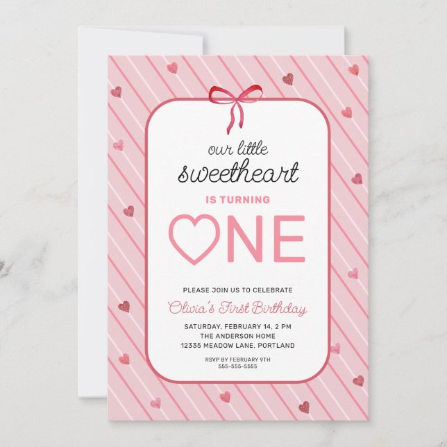 Invitación Our Little Sweetheart Is One Hearts Bows Birthday (Anverso)
