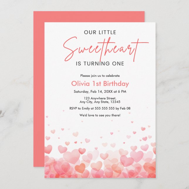 Invitación Our Little Sweetheart is Turning One 1st Birthday  (Anverso / Reverso)