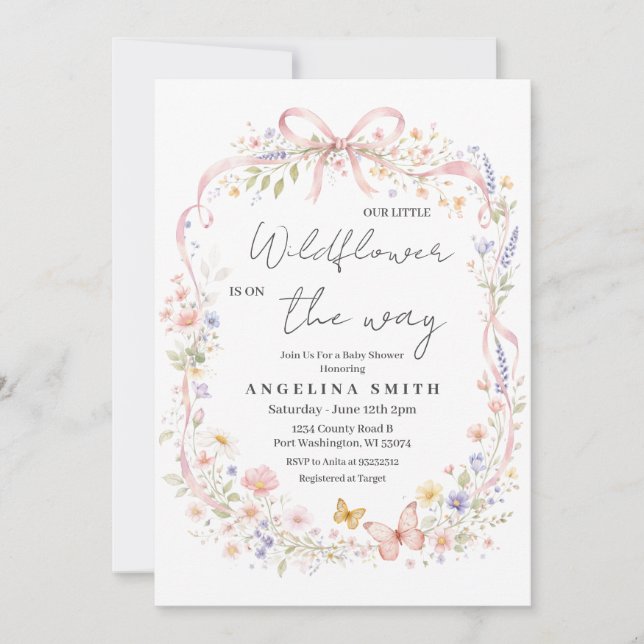 Invitación Our Little Wildflower Butterfly Baby Shower  (Anverso)