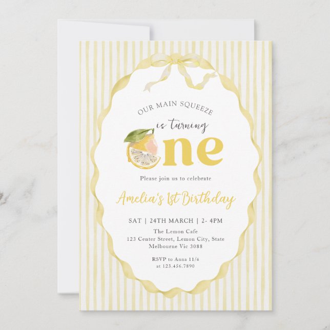 Invitación Our main Squeeze Lemon Citrus 1st Birthday (Anverso)