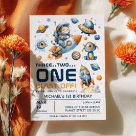 Invitación Outer Space Astronaut Cat Blast Off 1st Birthday
