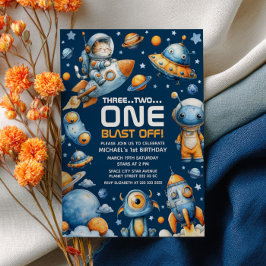 Invitación Outer Space Astronaut Cat Blast Off 1st Birthday