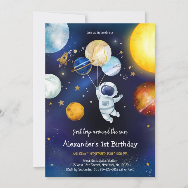 Invitación Outer Space Astronaut Planet Galaxy 1st Birthday (Anverso)