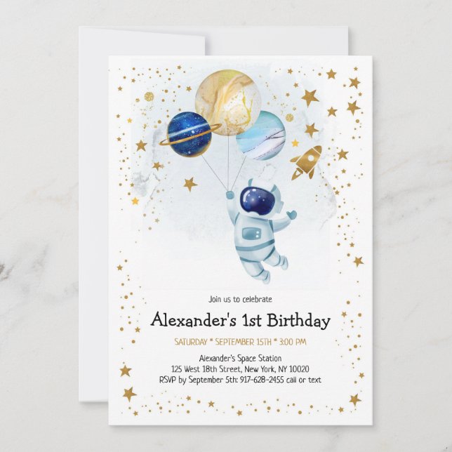Invitación Outer Space Astronaut Planet Galaxy Birthday  (Anverso)