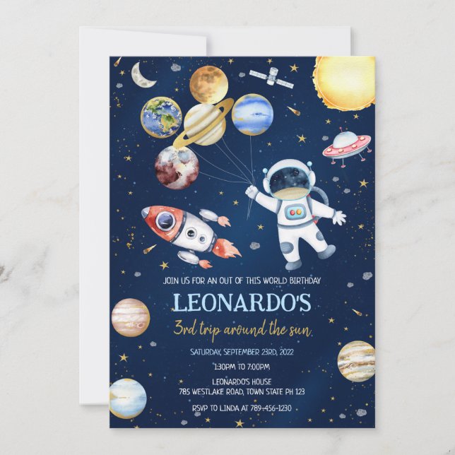 Invitación Outer Space Astronaut Rocket Planets Birthday  (Anverso)