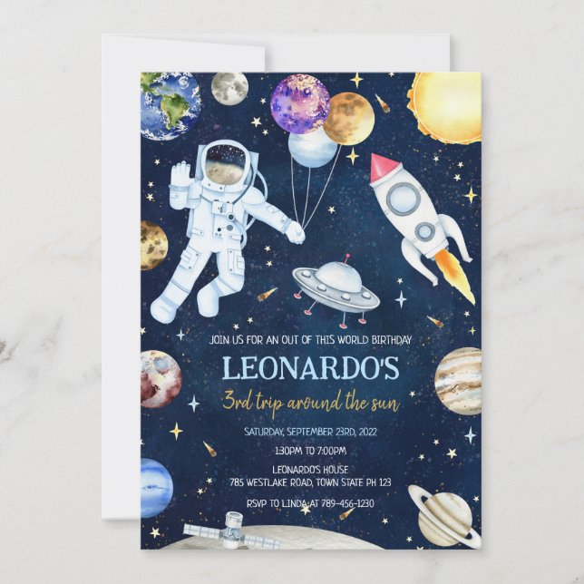 Invitación Outer Space Astronaut Rocket Planets Birthday (Anverso)