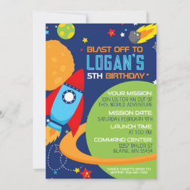 Invitación Outer Space Blue Rocket Birthday Invitations