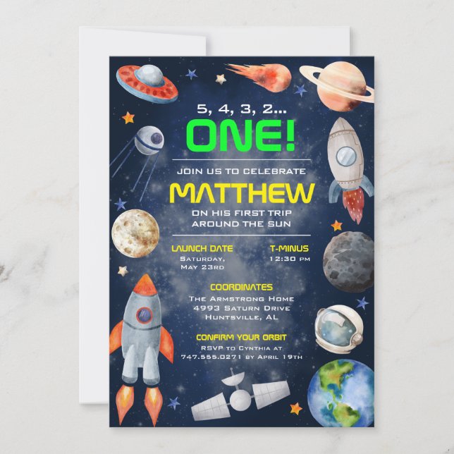 Invitación Outer Space First Birthday Invitation (Anverso)