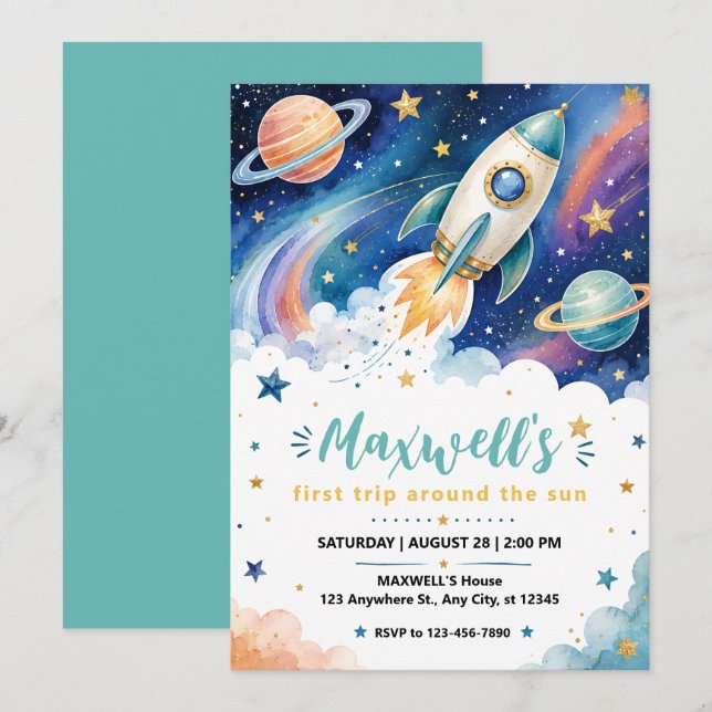 Invitación Outer Space First Birthday Invitation (Anverso / Reverso)