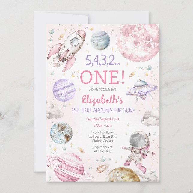 Invitación Outer Space First Trip Around The Sun 1st Birthday (Anverso)