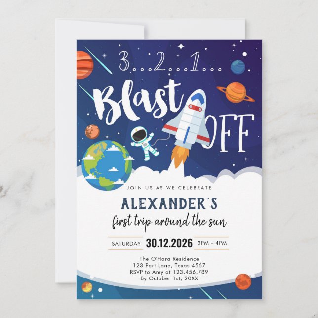 Invitación Outer Space First Trip Around the Sun 1st Birthday (Anverso)