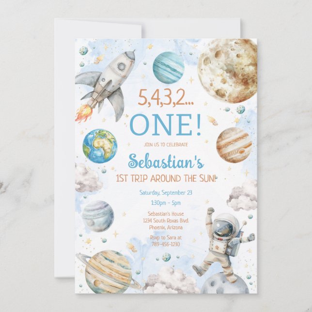 Invitación Outer Space First Trip Around The Sun 1st Birthday (Anverso)