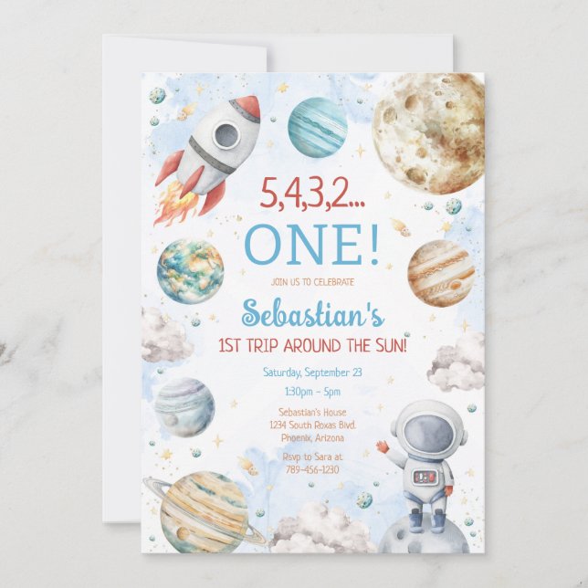 Invitación Outer Space First Trip Around The Sun 1st Birthday (Anverso)