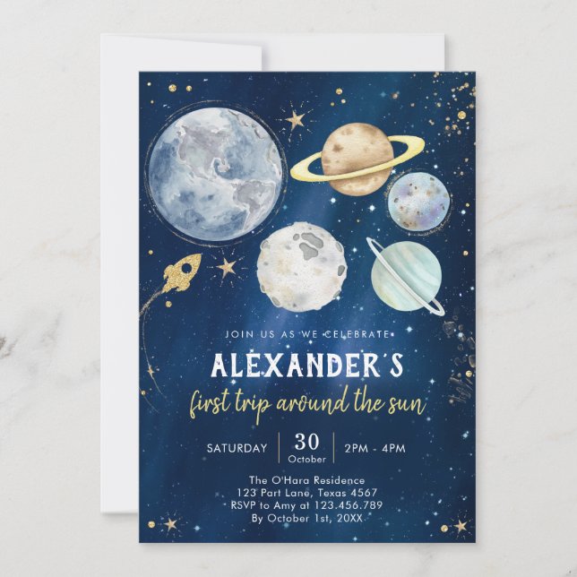 Invitación Outer Space First Trip Around the Sun 1st Birthday (Anverso)