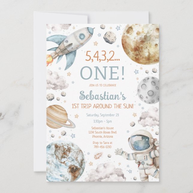 Invitación Outer Space First Trip Around The Sun 1st Birthday (Anverso)